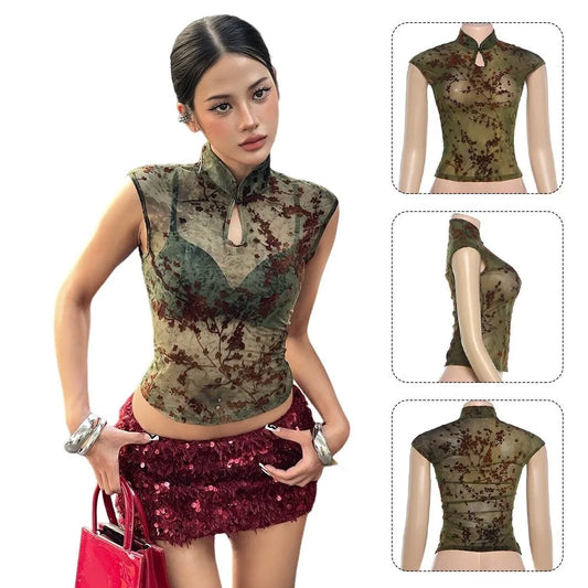 Sleeveless Women See Through Tank Top Stretch Fabric Stand Collar Plum Blossom Print Top Jacquard Patchwork Skinny Fit