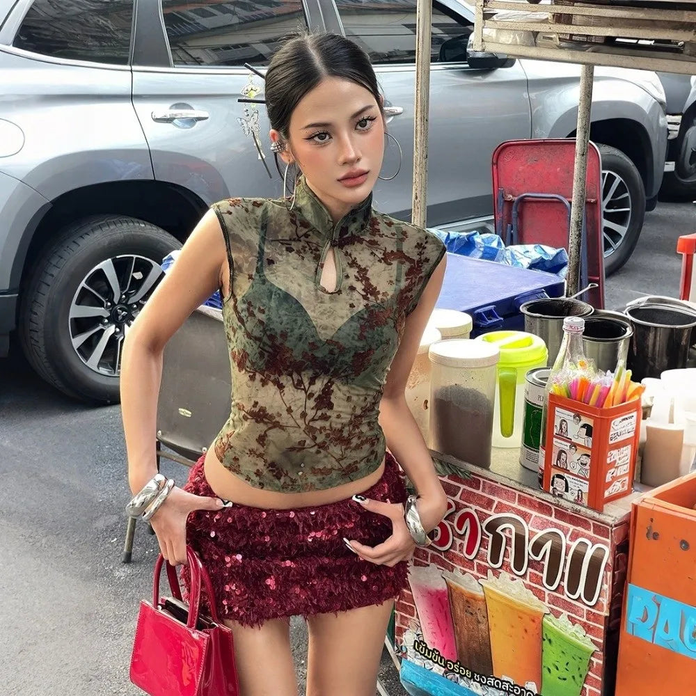 Sleeveless Women See Through Tank Top Stretch Fabric Stand Collar Plum Blossom Print Top Jacquard Patchwork Skinny Fit