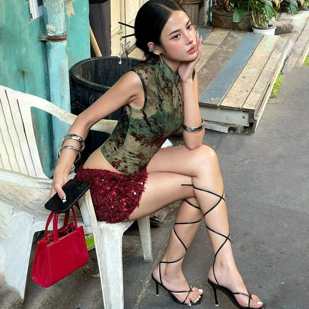 Sleeveless Women See Through Tank Top Stretch Fabric Stand Collar Plum Blossom Print Top Jacquard Patchwork Skinny Fit