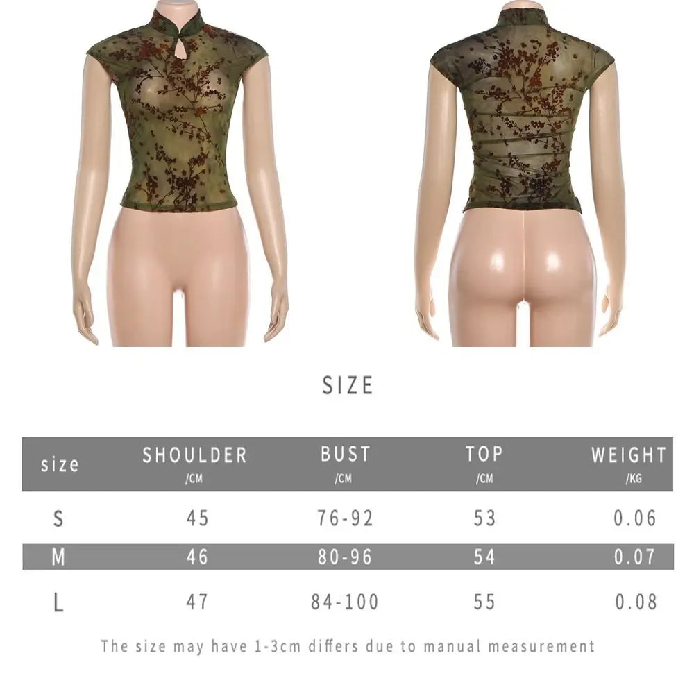 Sleeveless Women See Through Tank Top Stretch Fabric Stand Collar Plum Blossom Print Top Jacquard Patchwork Skinny Fit