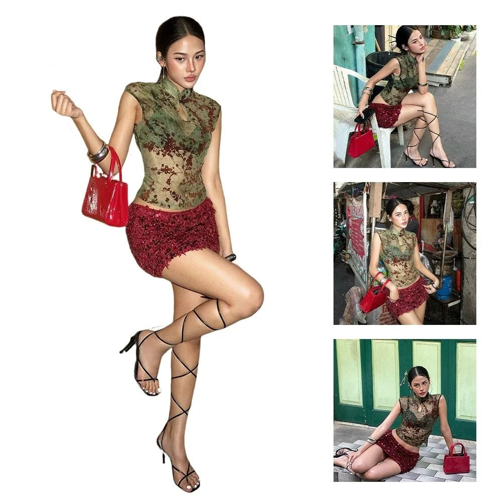 Sleeveless Women See Through Tank Top Stretch Fabric Stand Collar Plum Blossom Print Top Jacquard Patchwork Skinny Fit