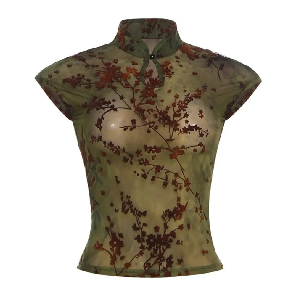 Sleeveless Women See Through Tank Top Stretch Fabric Stand Collar Plum Blossom Print Top Jacquard Patchwork Skinny Fit