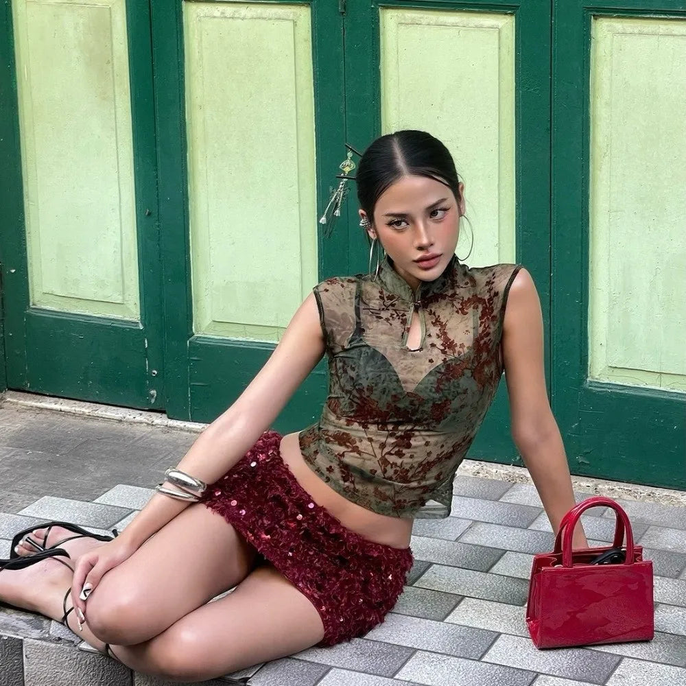Sleeveless Women See Through Tank Top Stretch Fabric Stand Collar Plum Blossom Print Top Jacquard Patchwork Skinny Fit